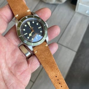 Vintage Charm Brown Suede Leather Watch Strap with Tan Stitching