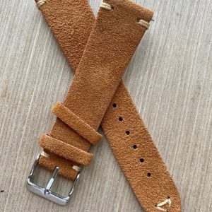 Vintage Charm Brown Suede Leather Watch Strap with Tan Stitching