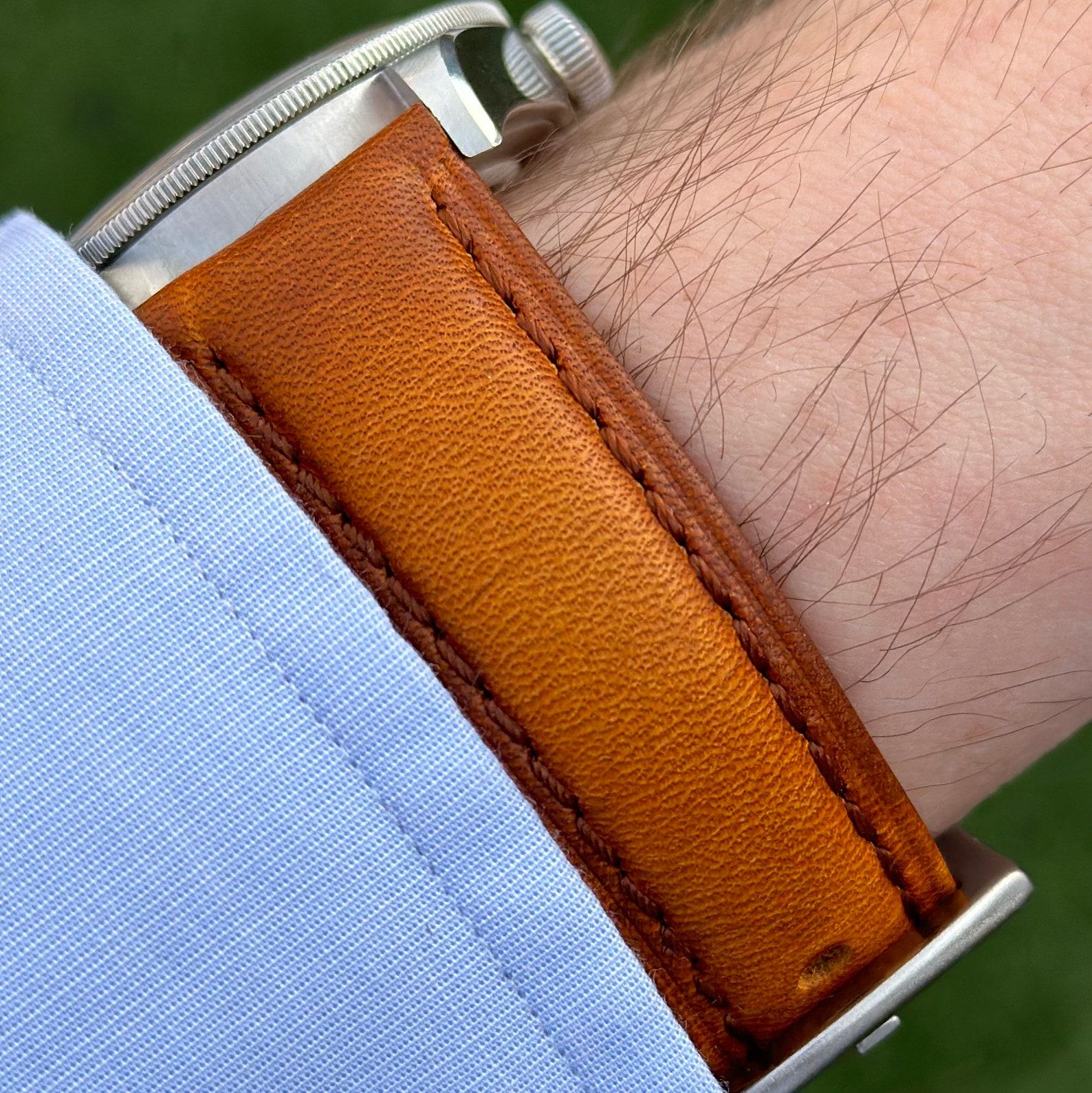 Vintage Cognac Vegetable Tanned Full Grain Leather Watch Strap Padded Comfort, Quick Release, Interesting  Item