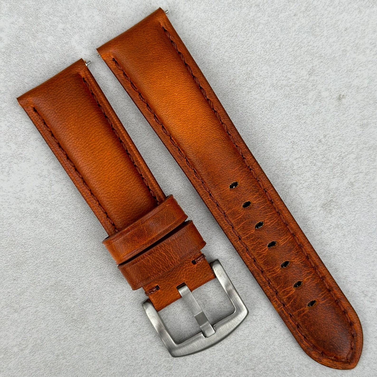 Vintage Cognac Vegetable Tanned Full Grain Leather Watch Strap Padded Comfort, Quick Release, Interesting  Item