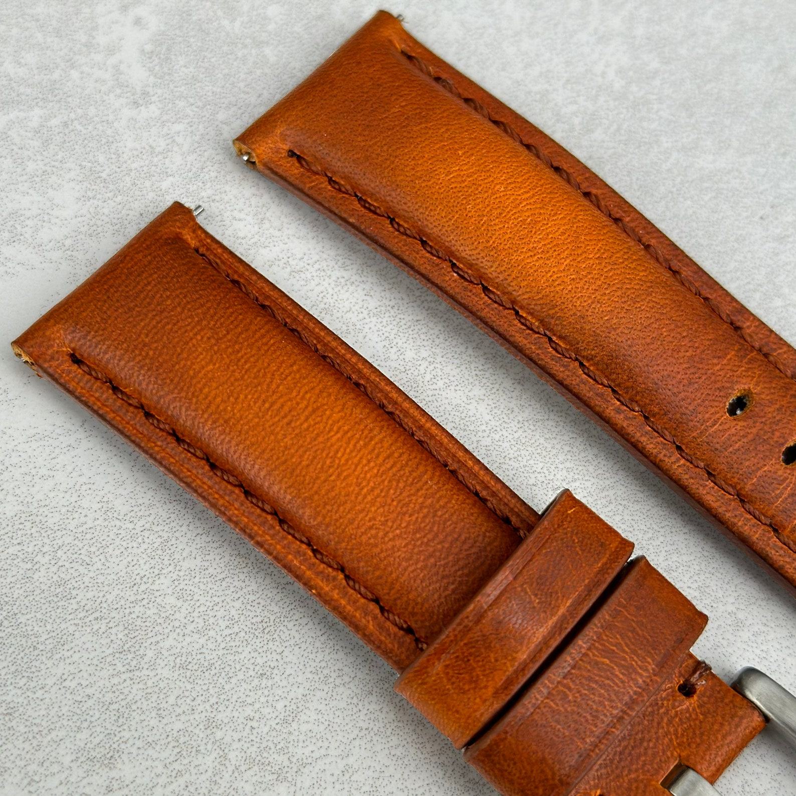 Vintage Cognac Vegetable Tanned Full Grain Leather Watch Strap Padded Comfort, Quick Release, Interesting  Item
