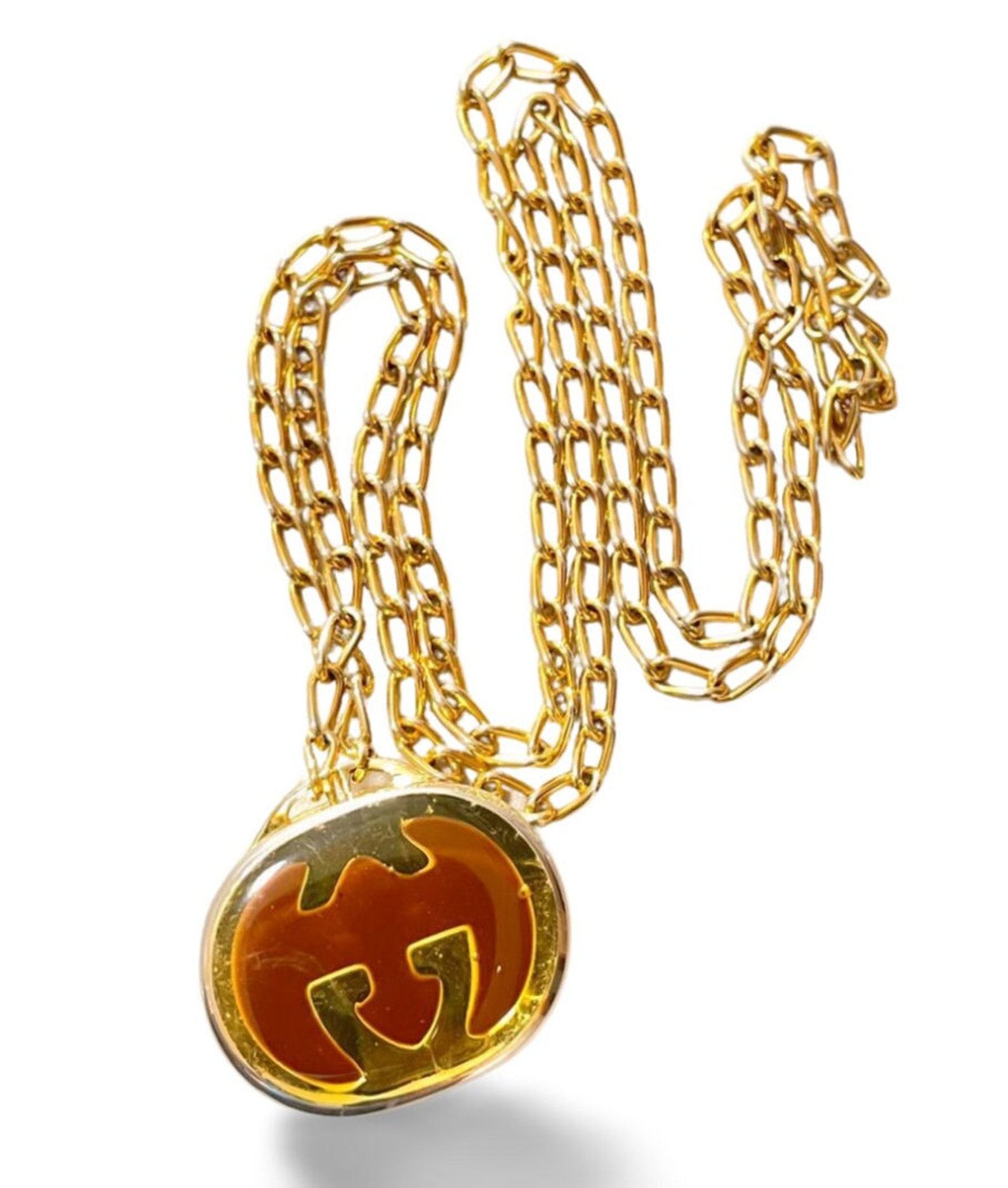 Vintage Gucci Gold Skinny Chain Necklace with Oval Pill Case Pendant - Image 2