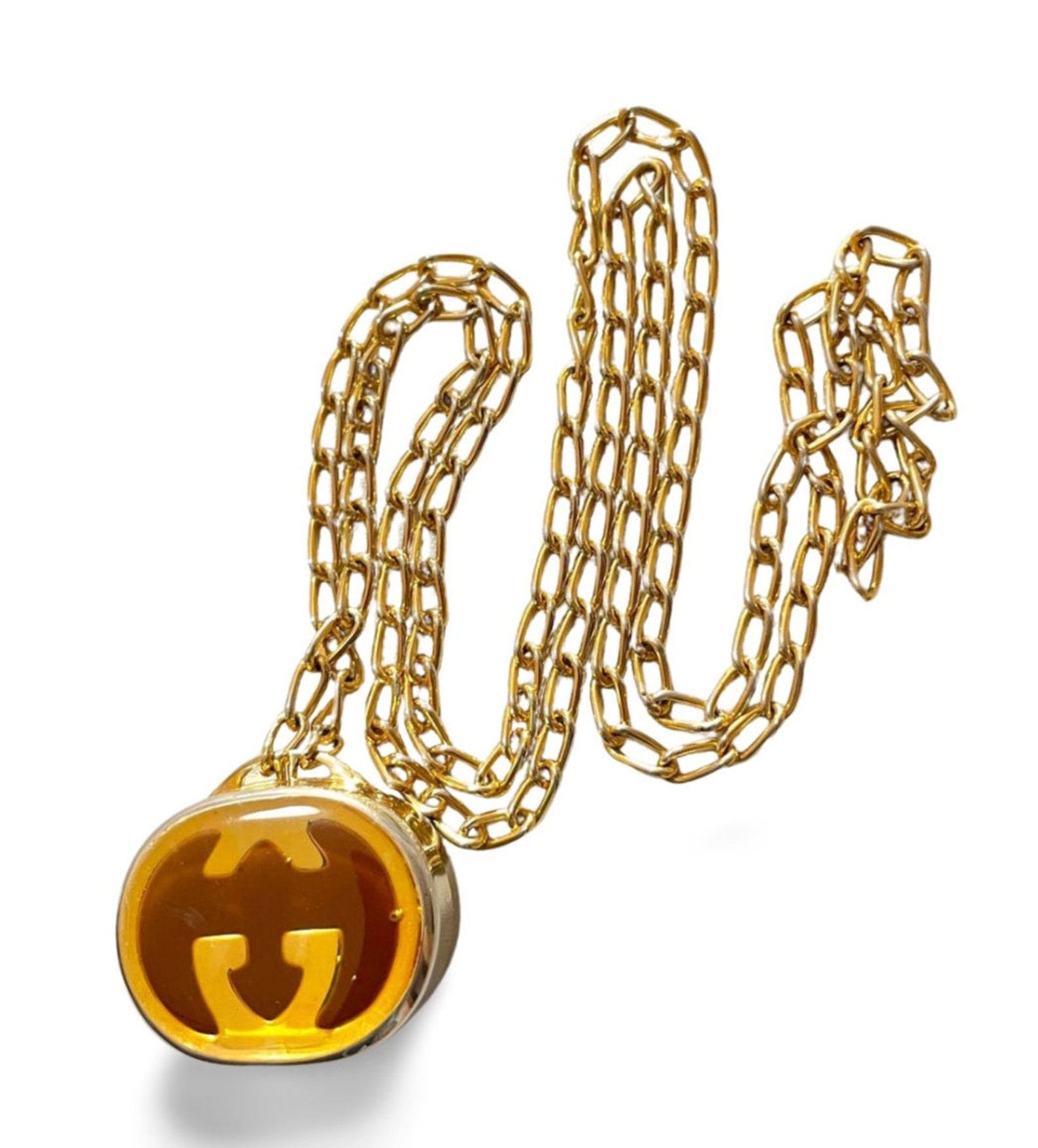 Vintage Gucci Gold Skinny Chain Necklace with Oval Pill Case Pendant - Image 5