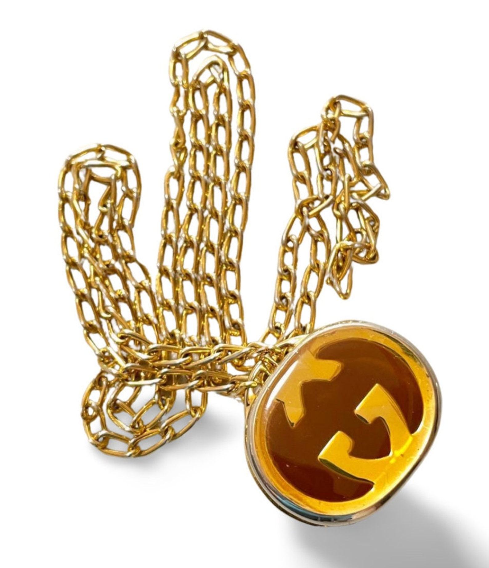 Vintage Gucci Gold Skinny Chain Necklace with Oval Pill Case Pendant - Image 6