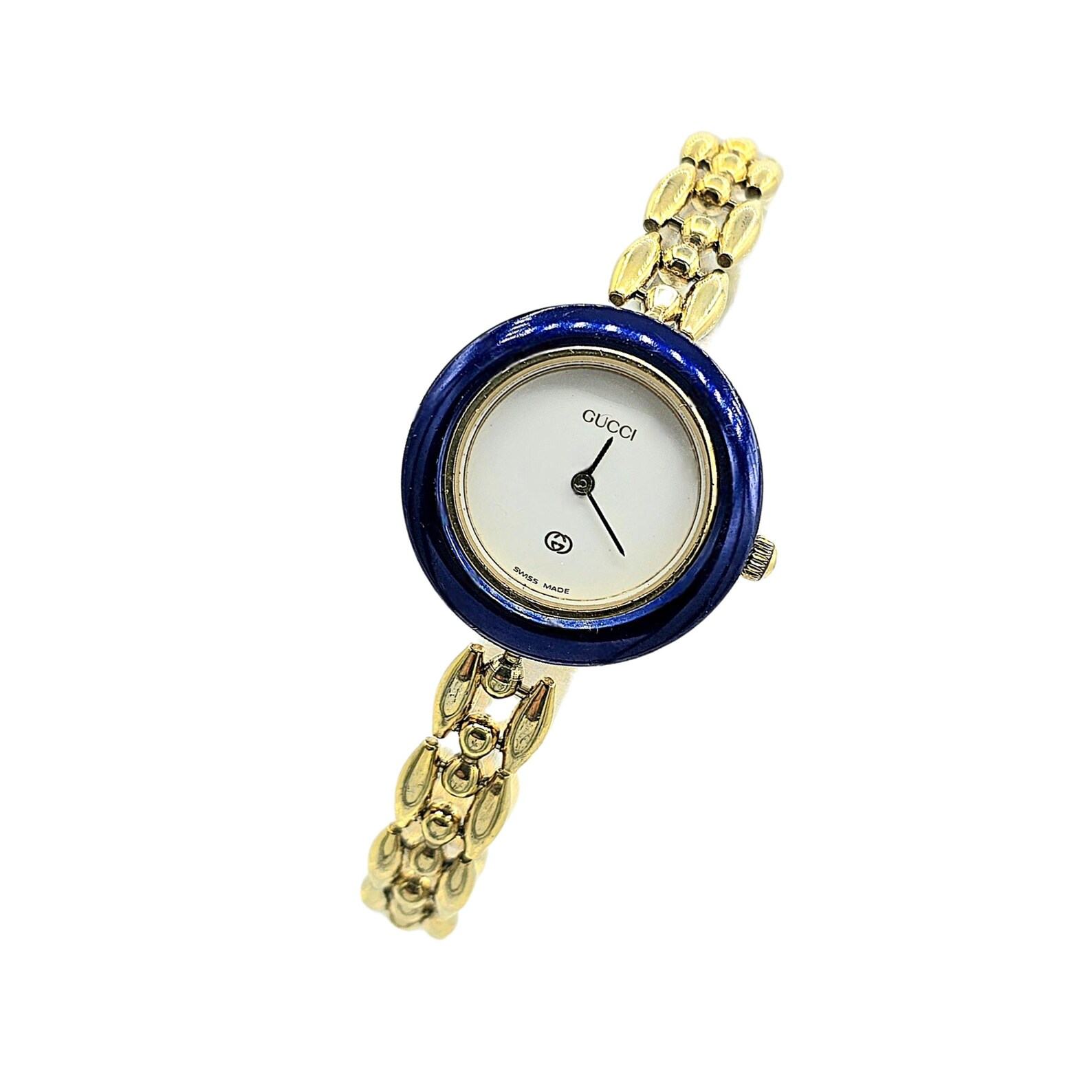 Vintage Gucci Interchangeable Bezel Gold Plated Ladies Dress Watch 1200L with Rice Link Bracelet Timeless Elegance for the Modern Woman