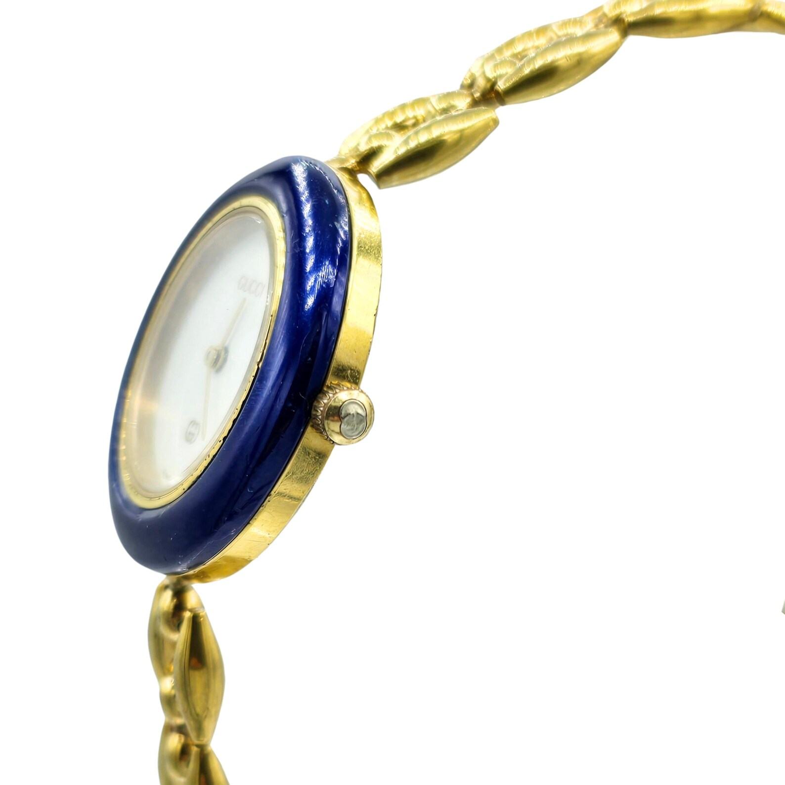 Vintage Gucci Interchangeable Bezel Gold Plated Ladies Dress Watch 1200L with Rice Link Bracelet Timeless Elegance for the Modern Woman