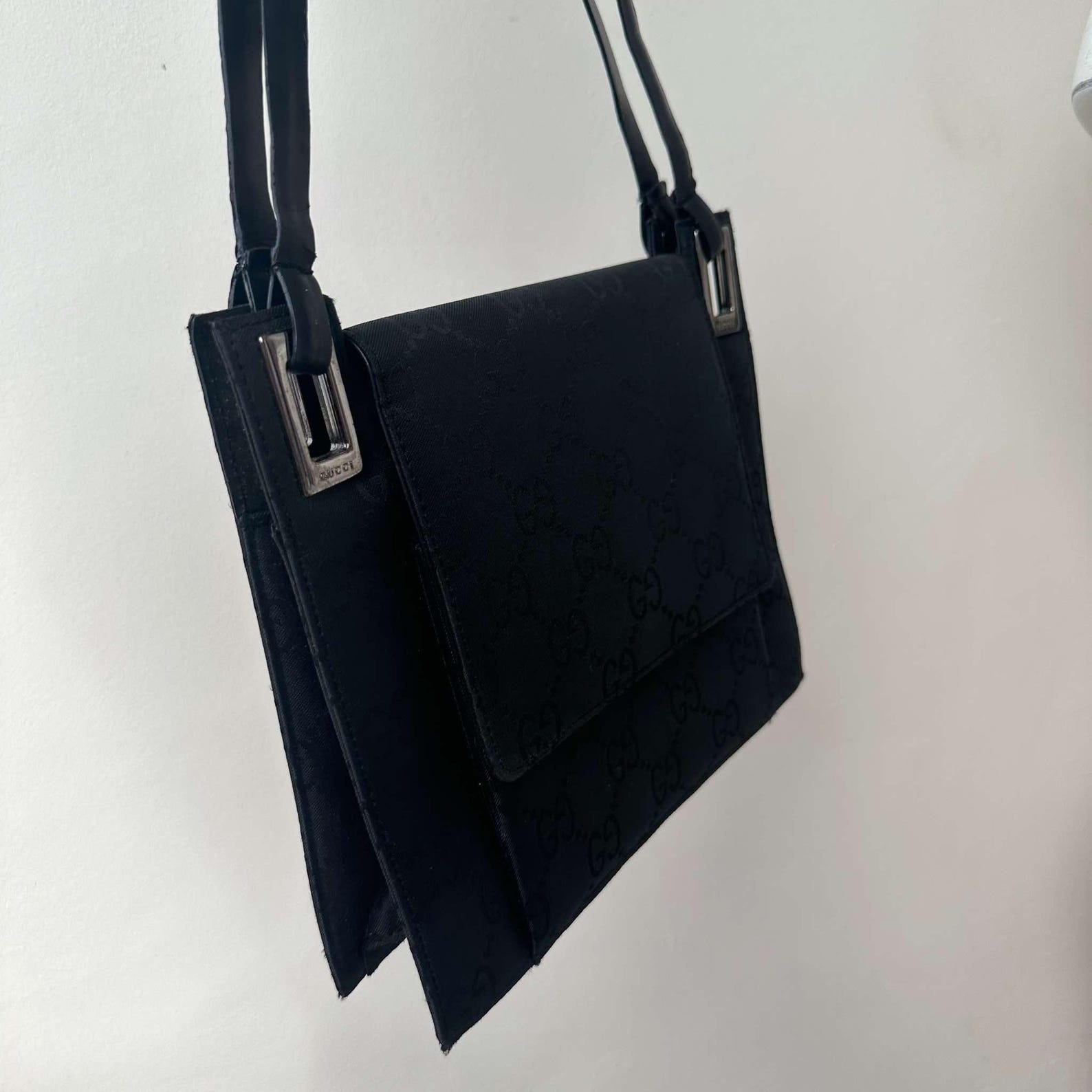 Vintage Gucci Monogram Black Leather Shoulder Bag