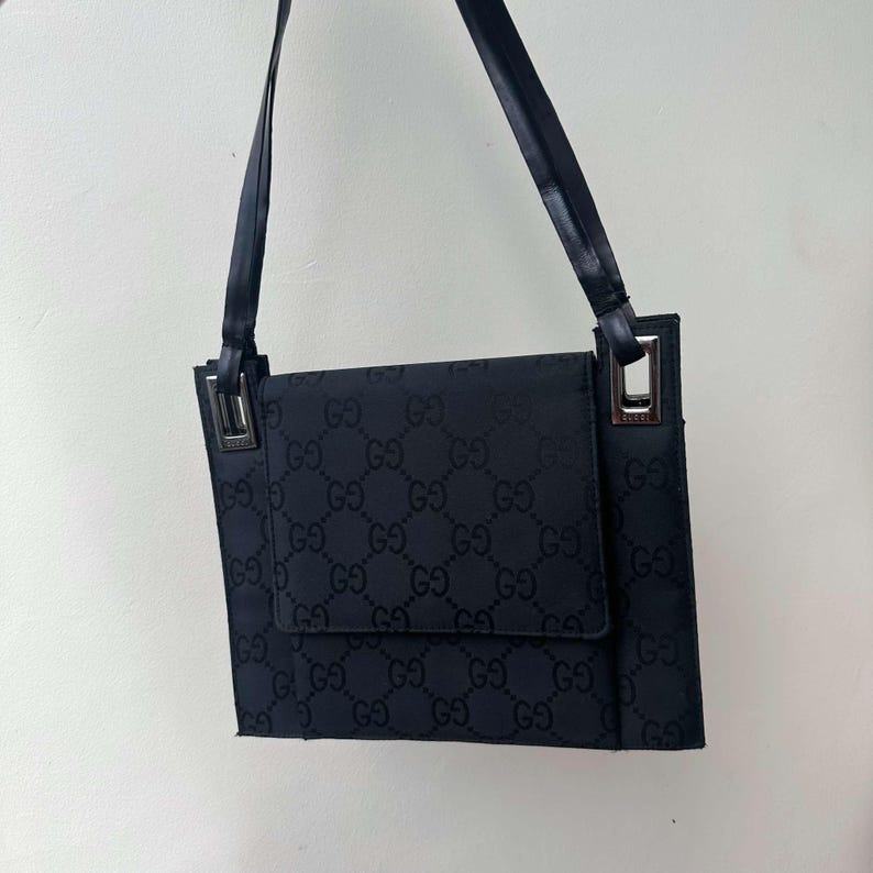 Vintage Gucci Monogram Black Leather Shoulder Bag
