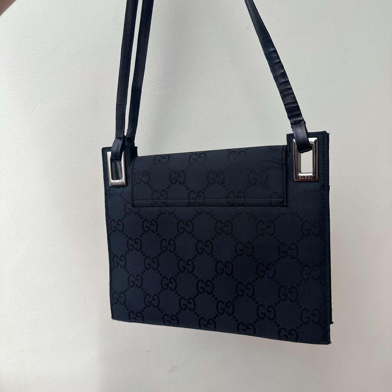 Vintage Gucci Monogram Black Leather Shoulder Bag