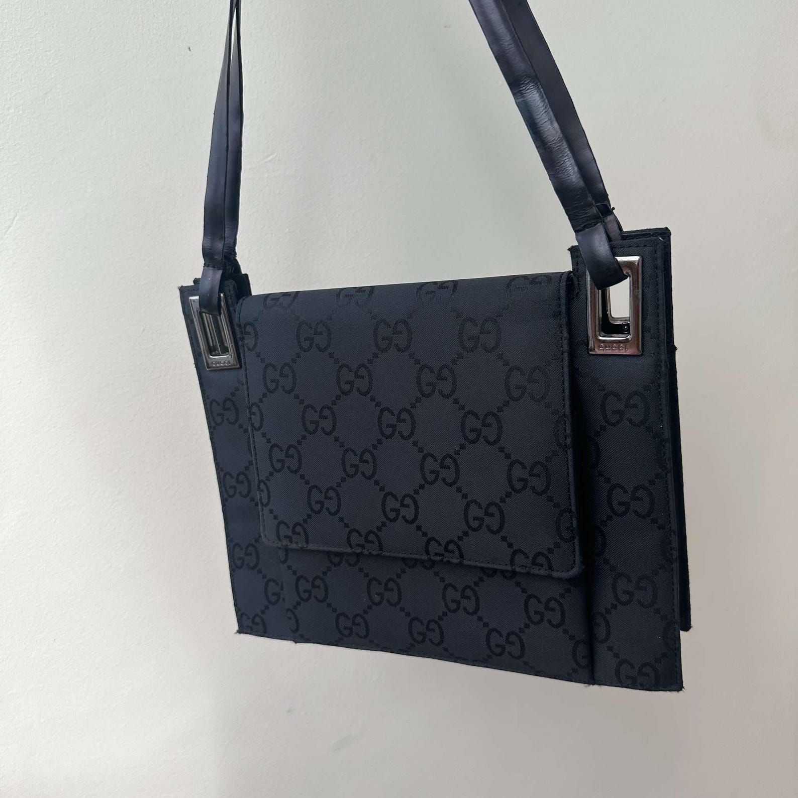 Vintage Gucci Monogram Black Leather Shoulder Bag