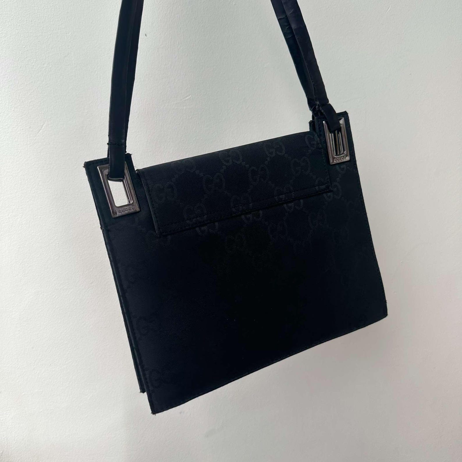 Vintage Gucci Monogram Black Leather Shoulder Bag