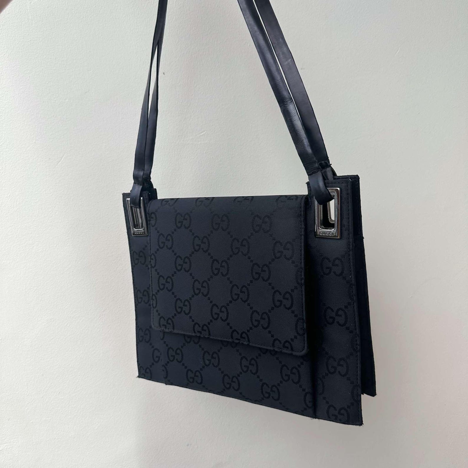 Vintage Gucci Monogram Black Leather Shoulder Bag