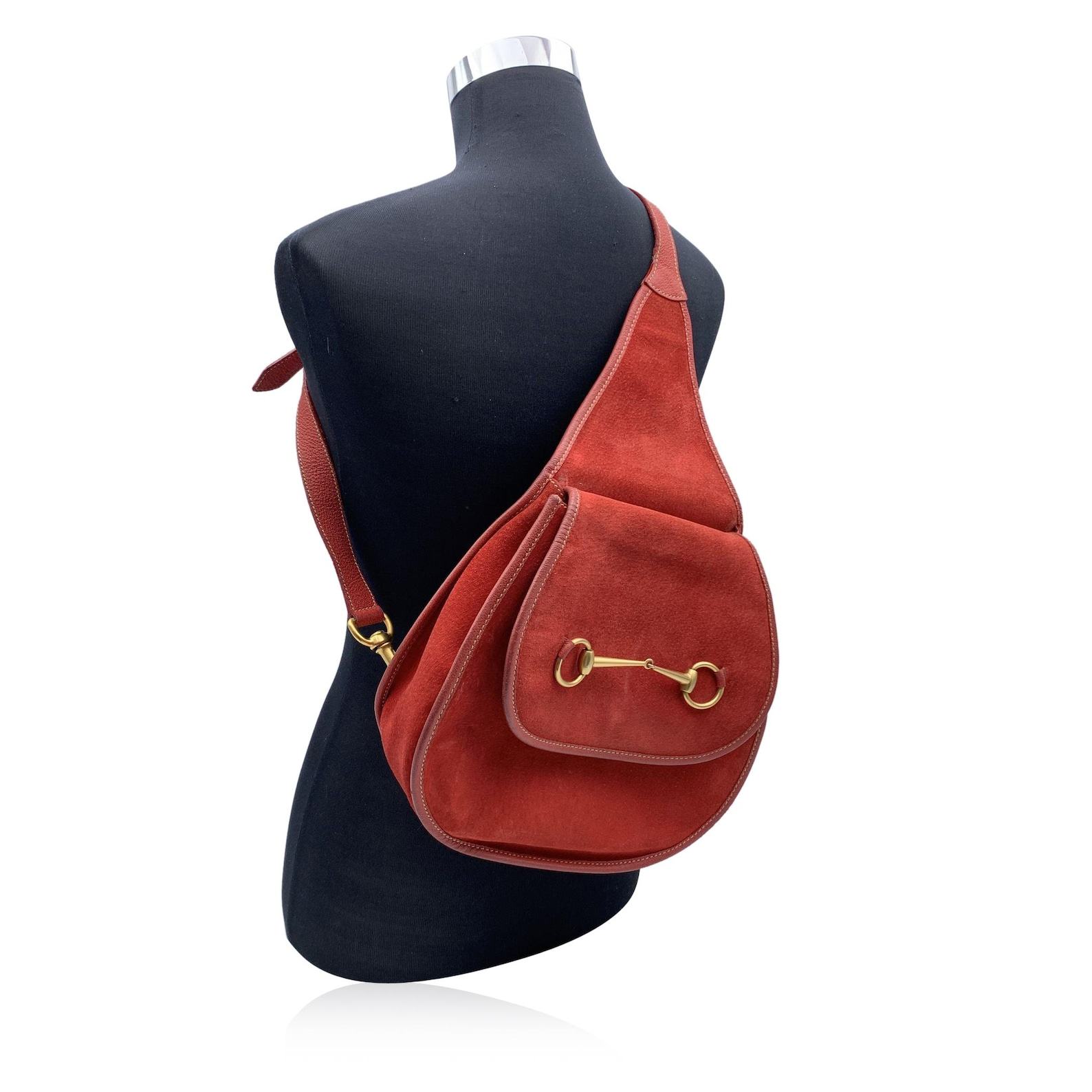Vintage Gucci Red Suede Horsebit Backpack Sling Shoulder Bag