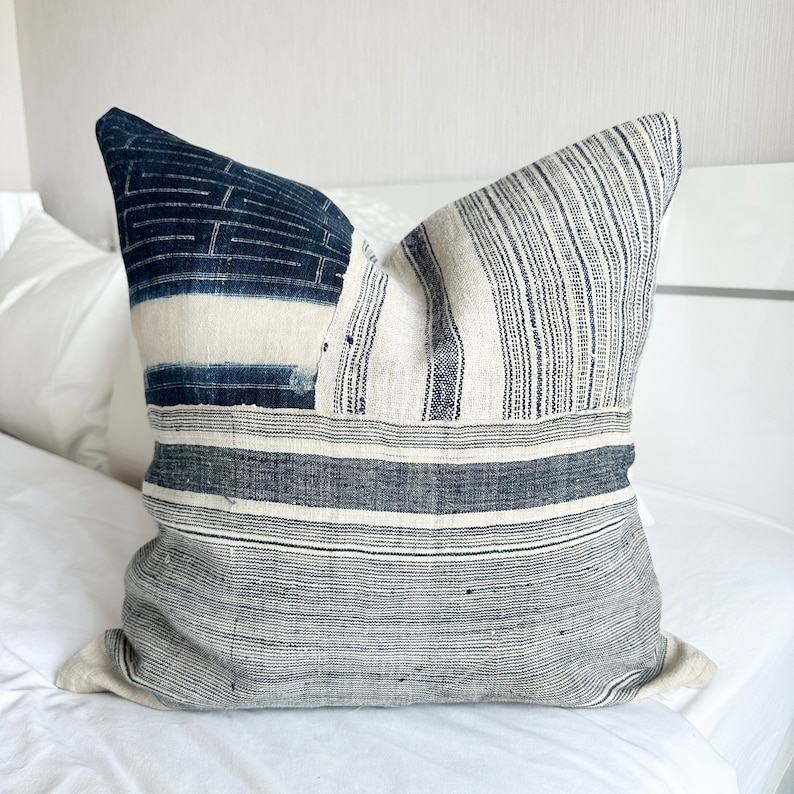 Vintage Indigo Hemp Pillow Cover Hand Block Printed Textile for Bohemian Charm