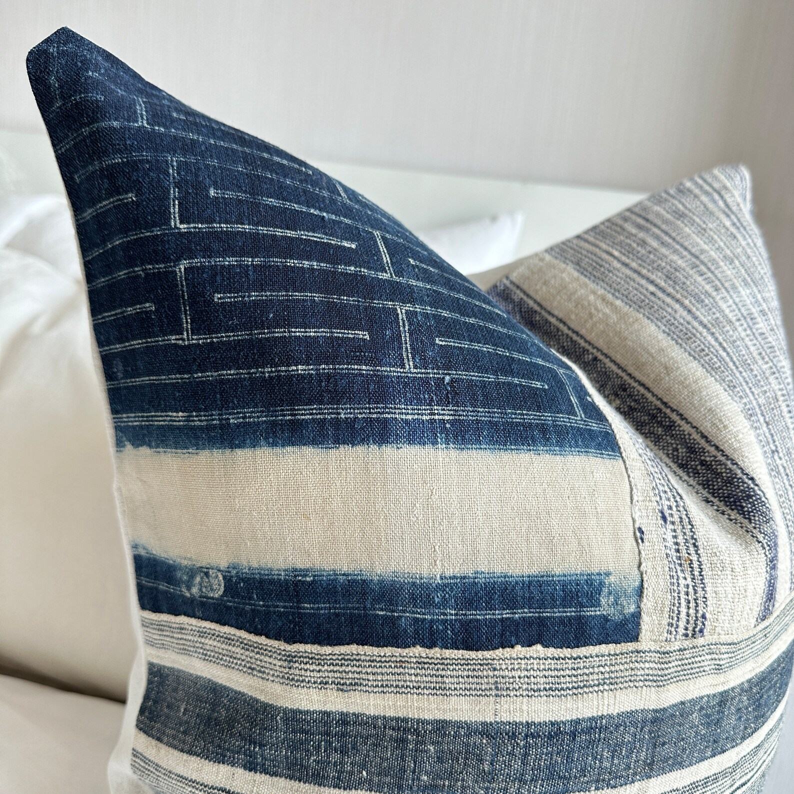 Vintage Indigo Hemp Pillow Cover Hand Block Printed Textile for Bohemian Charm