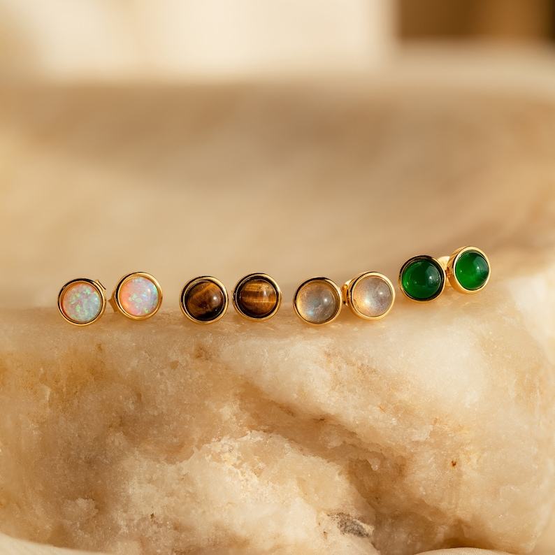 Vintage-Inspired Round Gemstone Studs Minimalist Elegance in Jade, Opal, and Labradorite