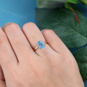Vintage Oval Cut Lab Blue Diamond Solitaire Engagement Ring in Yellow Gold