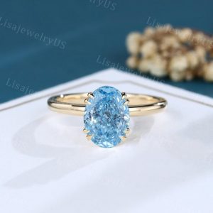 Vintage Oval Cut Lab Blue Diamond Solitaire Engagement Ring in Yellow Gold