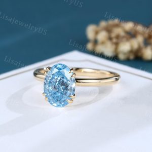 Vintage Oval Cut Lab Blue Diamond Solitaire Engagement Ring in Yellow Gold