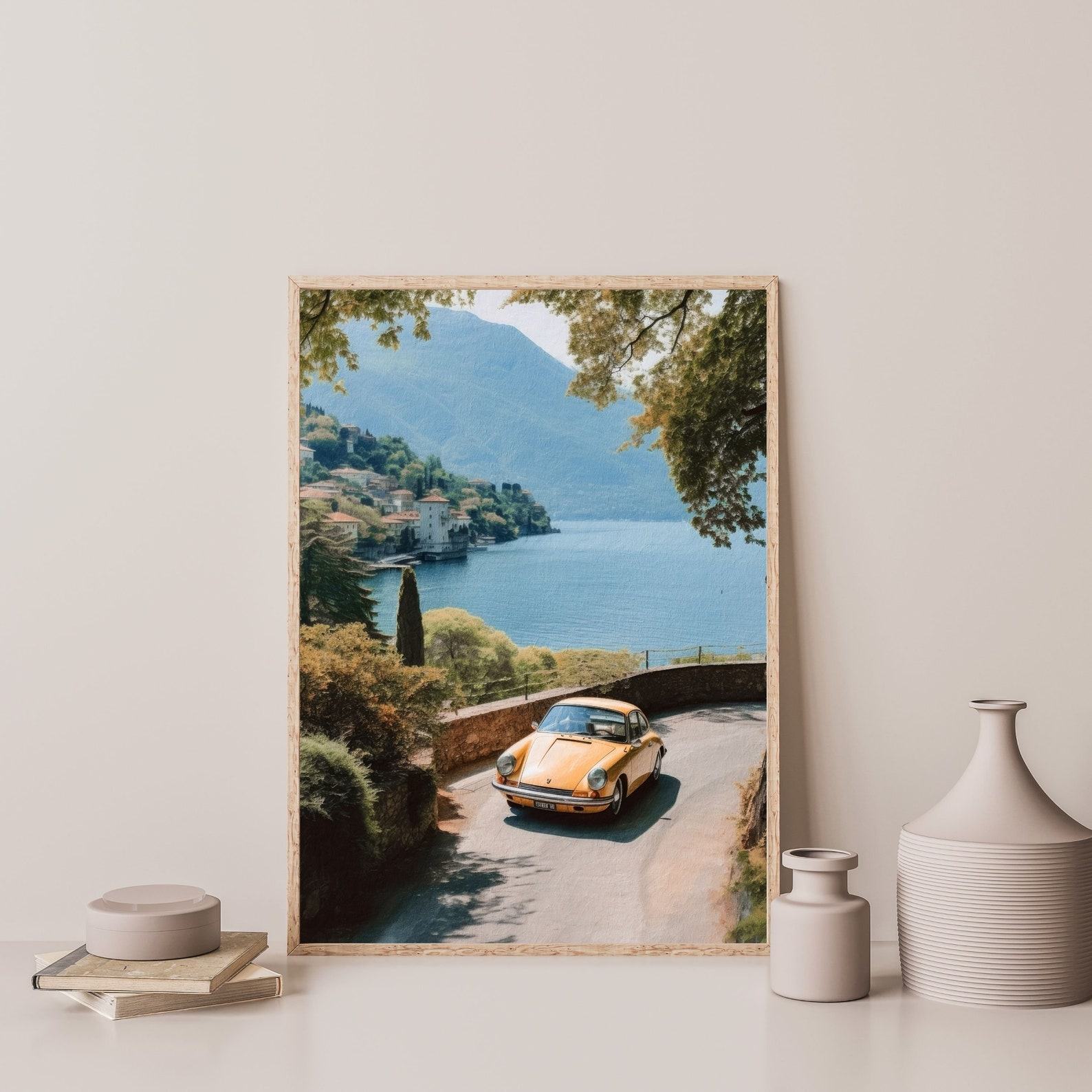 Vintage Porsche Art Print Retro Italian Oil Painting Poster for Car Aficionados