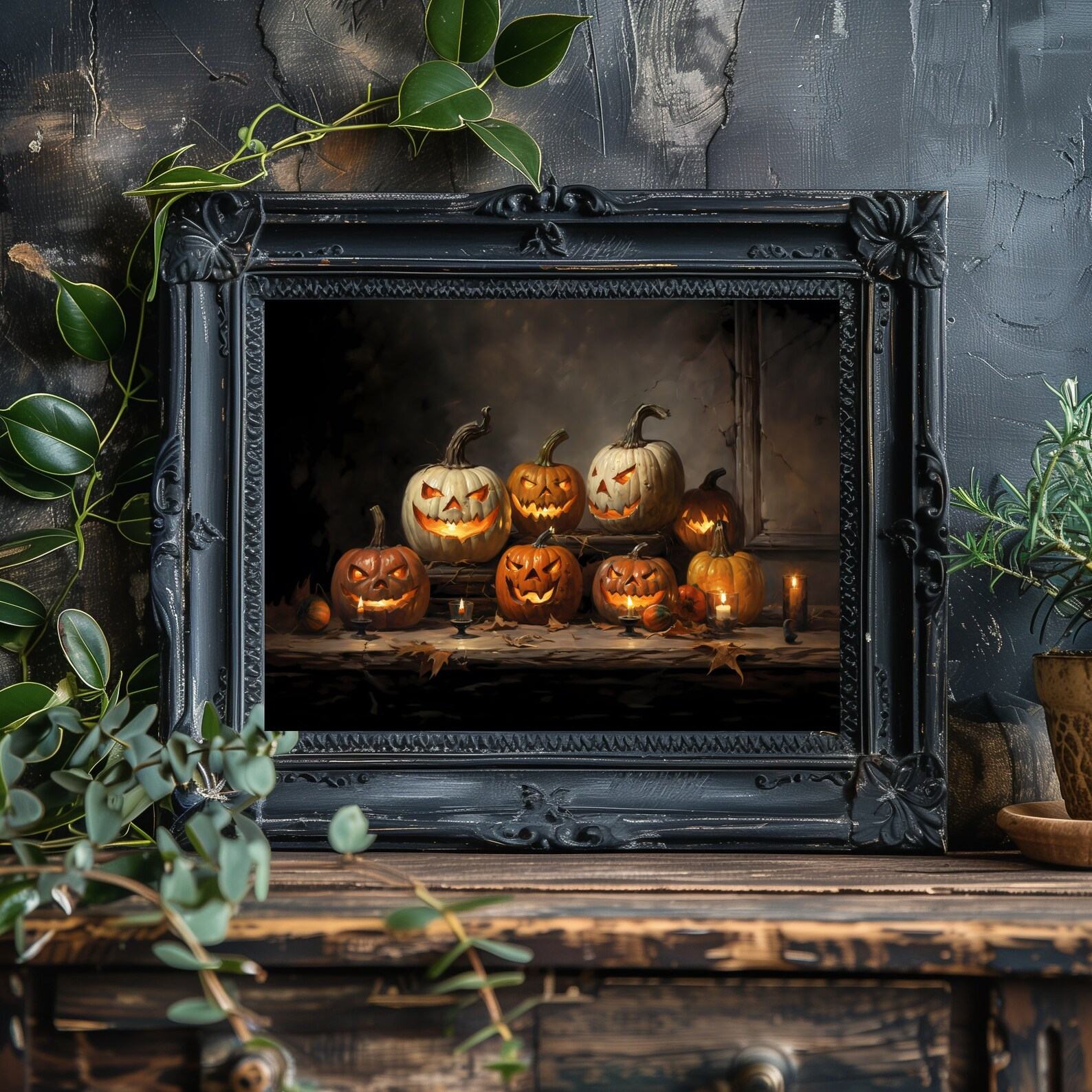 Vintage Spooky Halloween Pumpkins Wall Art Print Dark Cottagecore Gothic Decor