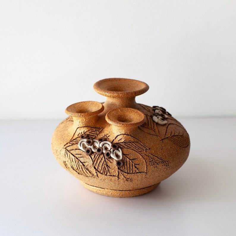 Vintage Stoneware Studio Pottery Vase Matte Sgraffito Weedpot