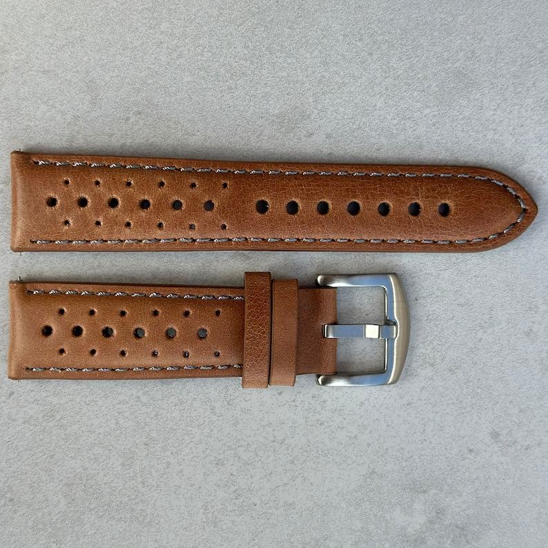 Vintage Tan Perforated Full Grain Leather Rally Watch Strap Elevate Your Timepiece with Timeless Style