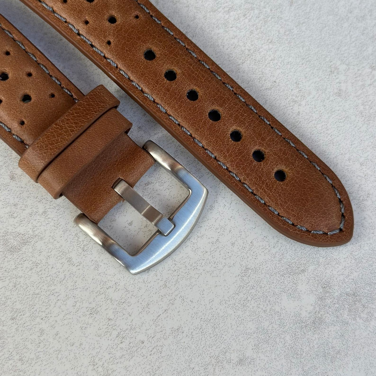 Vintage Tan Perforated Full Grain Leather Rally Watch Strap Elevate Your Timepiece with Timeless Style