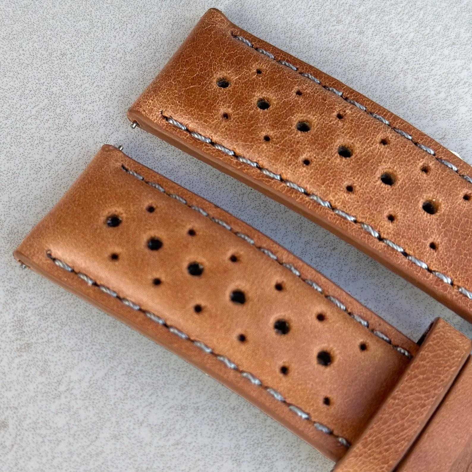 Vintage Tan Perforated Full Grain Leather Rally Watch Strap Elevate Your Timepiece with Timeless Style