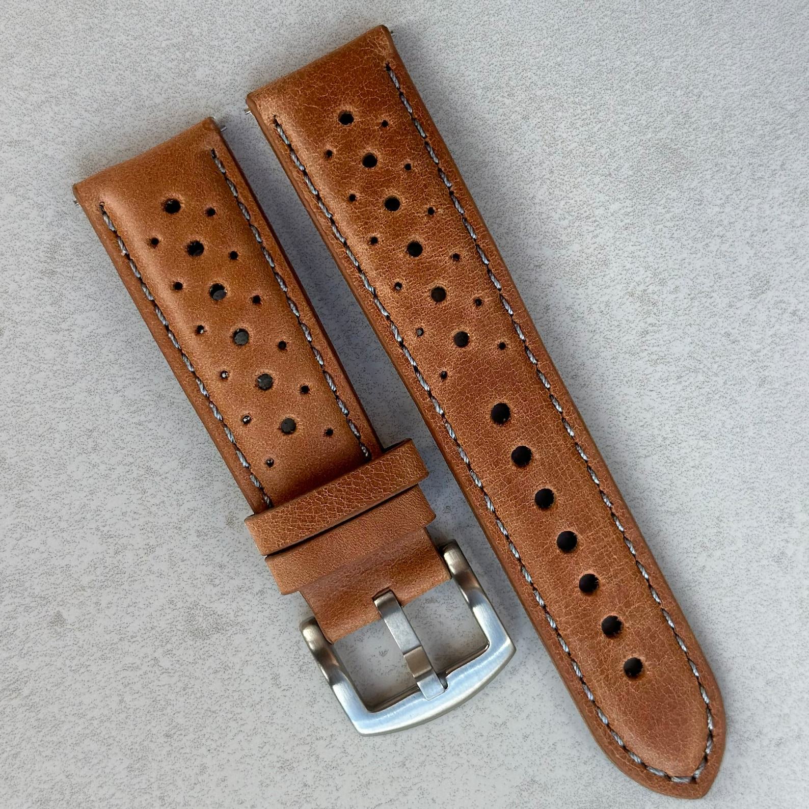 Vintage Tan Perforated Full Grain Leather Rally Watch Strap Elevate Your Timepiece with Timeless Style
