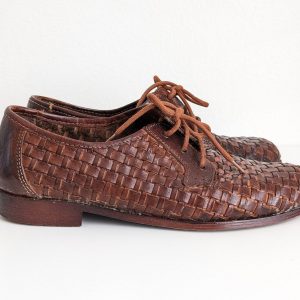Vintage Woven Derby Shoes Italian Brown Leather Oxford Lace-Ups for Men (Size 8)