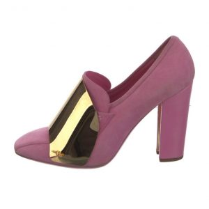Vintage YSL Yves Saint Laurent Rive Gauche Pink Suede Leather Pumps with Gold Metal Accents – Size 39 (US 8.5-9)