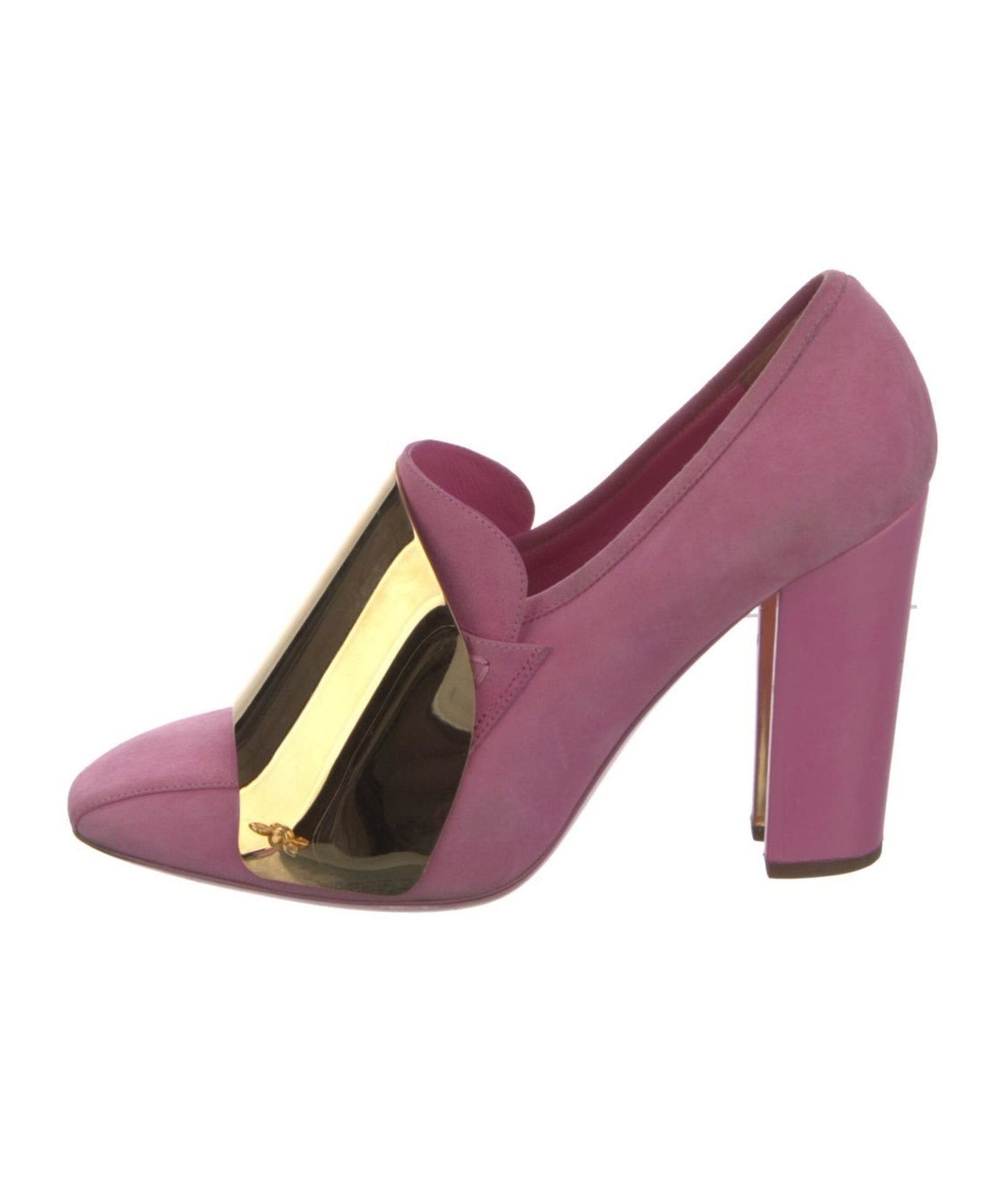Vintage YSL Yves Saint Laurent Rive Gauche Pink Suede Leather Pumps with Gold Metal Accents – Size 39 (US 8.5-9) - Image 2