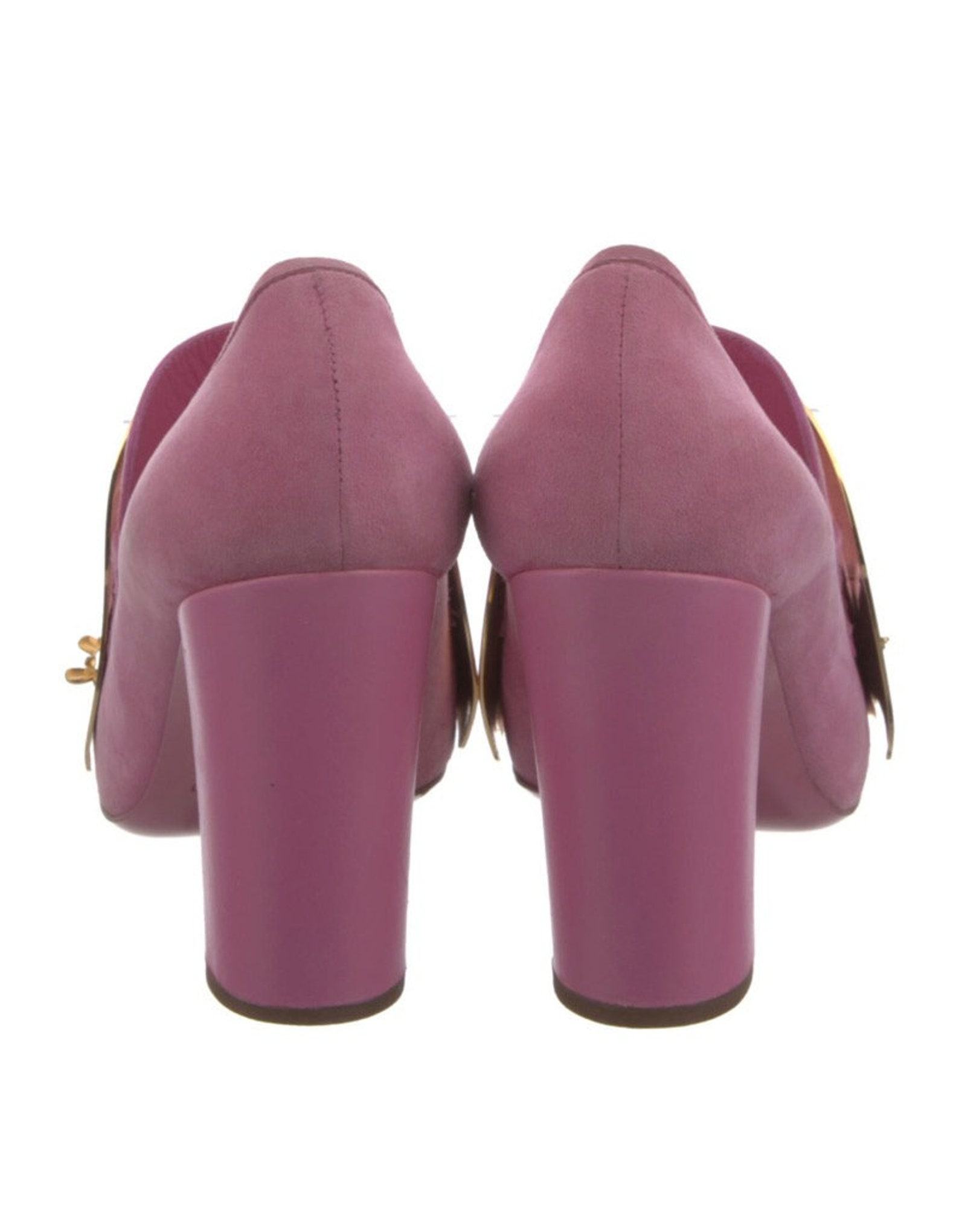 Vintage YSL Yves Saint Laurent Rive Gauche Pink Suede Leather Pumps with Gold Metal Accents – Size 39 (US 8.5-9) - Image 4
