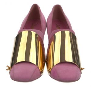 Vintage YSL Yves Saint Laurent Rive Gauche Pink Suede Leather Pumps with Gold Metal Accents – Size 39 (US 8.5-9)