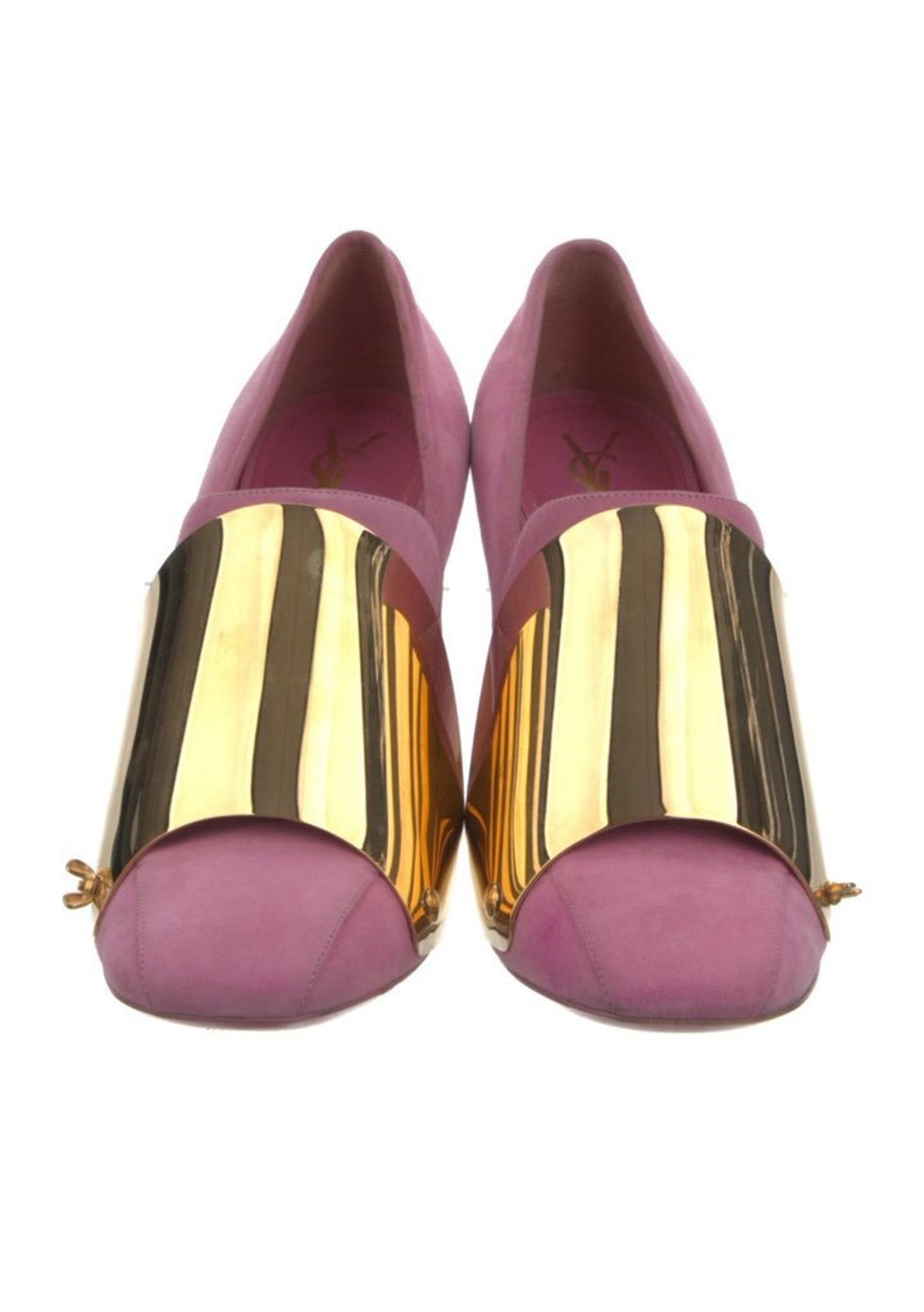 Vintage YSL Yves Saint Laurent Rive Gauche Pink Suede Leather Pumps with Gold Metal Accents – Size 39 (US 8.5-9) - Image 3