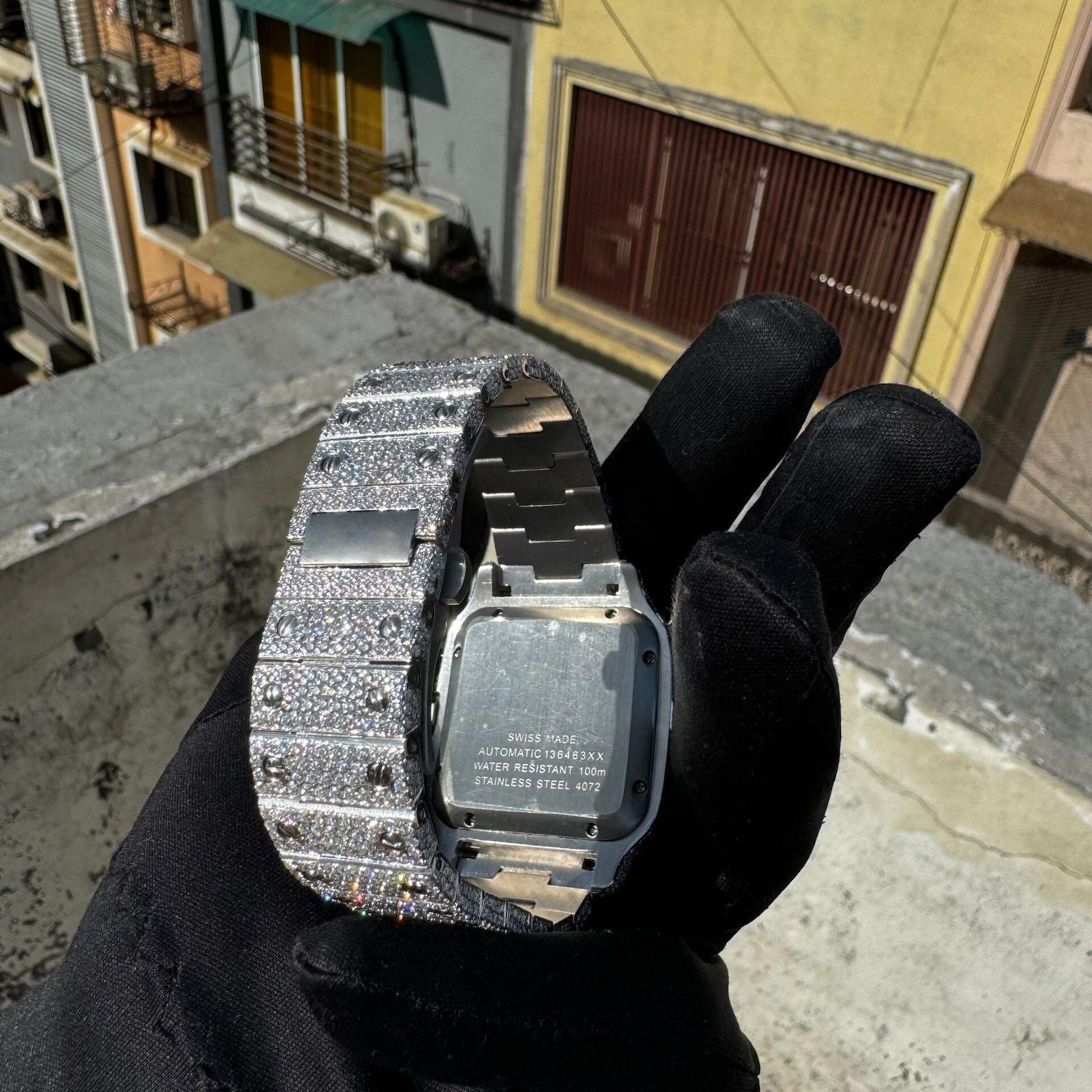 VVS Moissanite Diamond Automatic Movement Watch Burst Down Wristwatch, Fully Iced Out Handmade Stainless Steel Timepiece