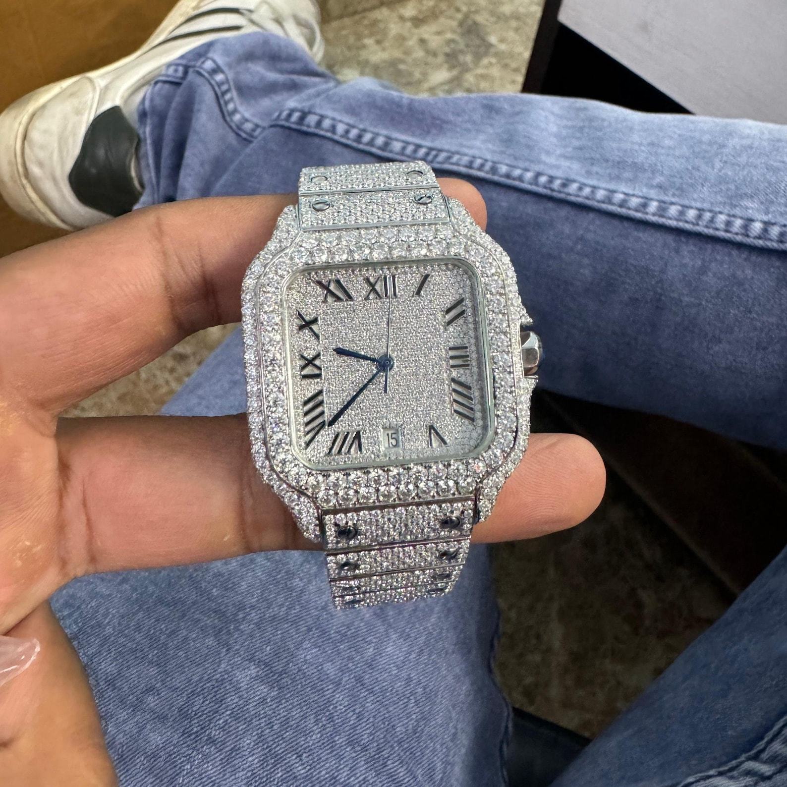 VVS Moissanite Diamond Automatic Movement Watch Burst Down Wristwatch, Fully Iced Out Handmade Stainless Steel Timepiece