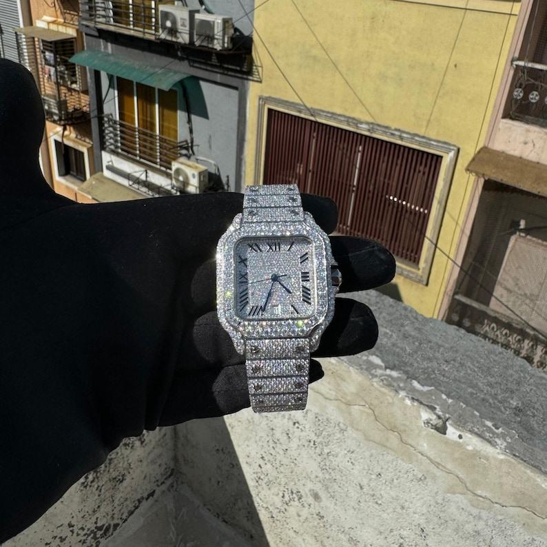 VVS Moissanite Diamond Automatic Movement Watch Burst Down Wristwatch, Fully Iced Out Handmade Stainless Steel Timepiece