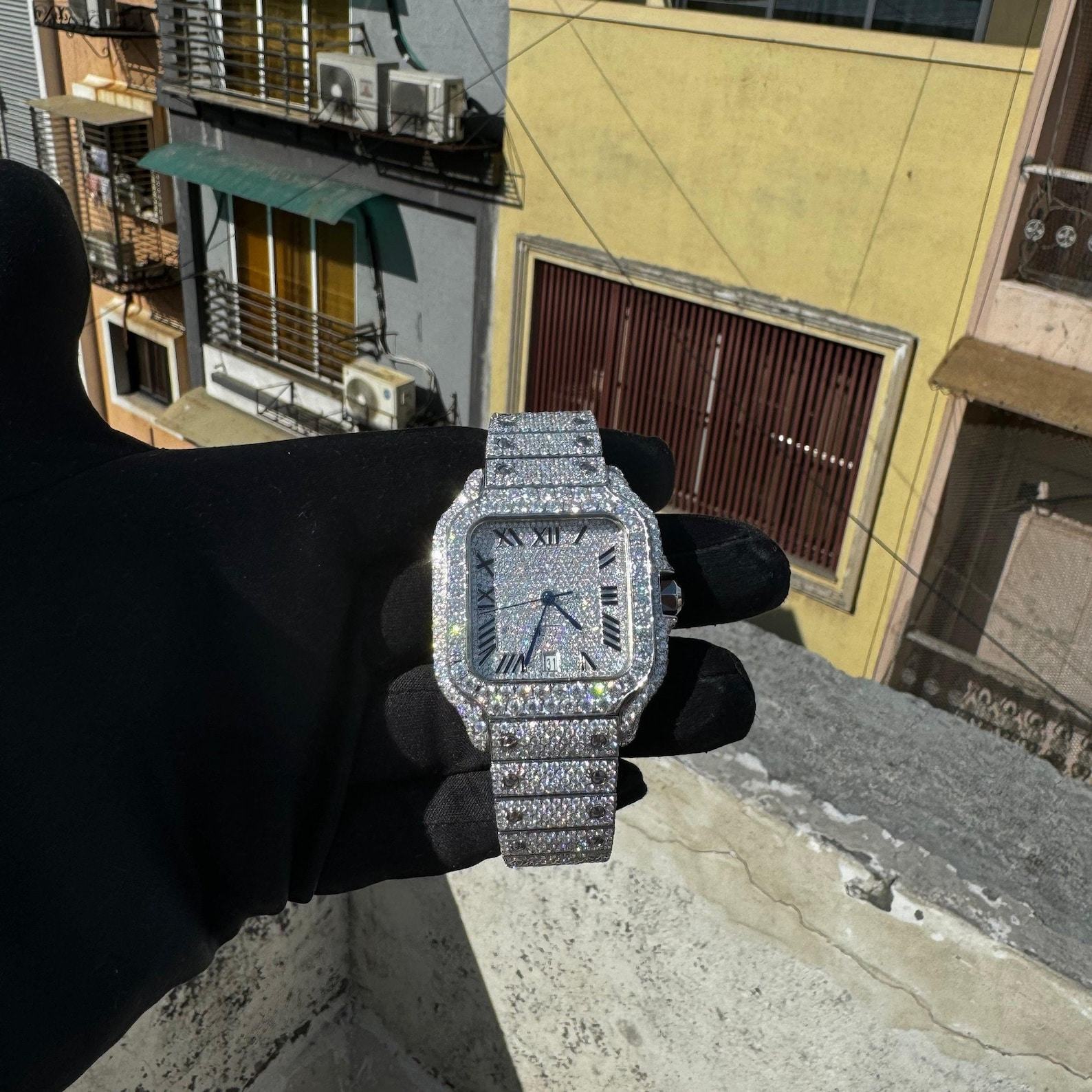 VVS Moissanite Diamond Automatic Movement Watch Burst Down Wristwatch, Fully Iced Out Handmade Stainless Steel Timepiece