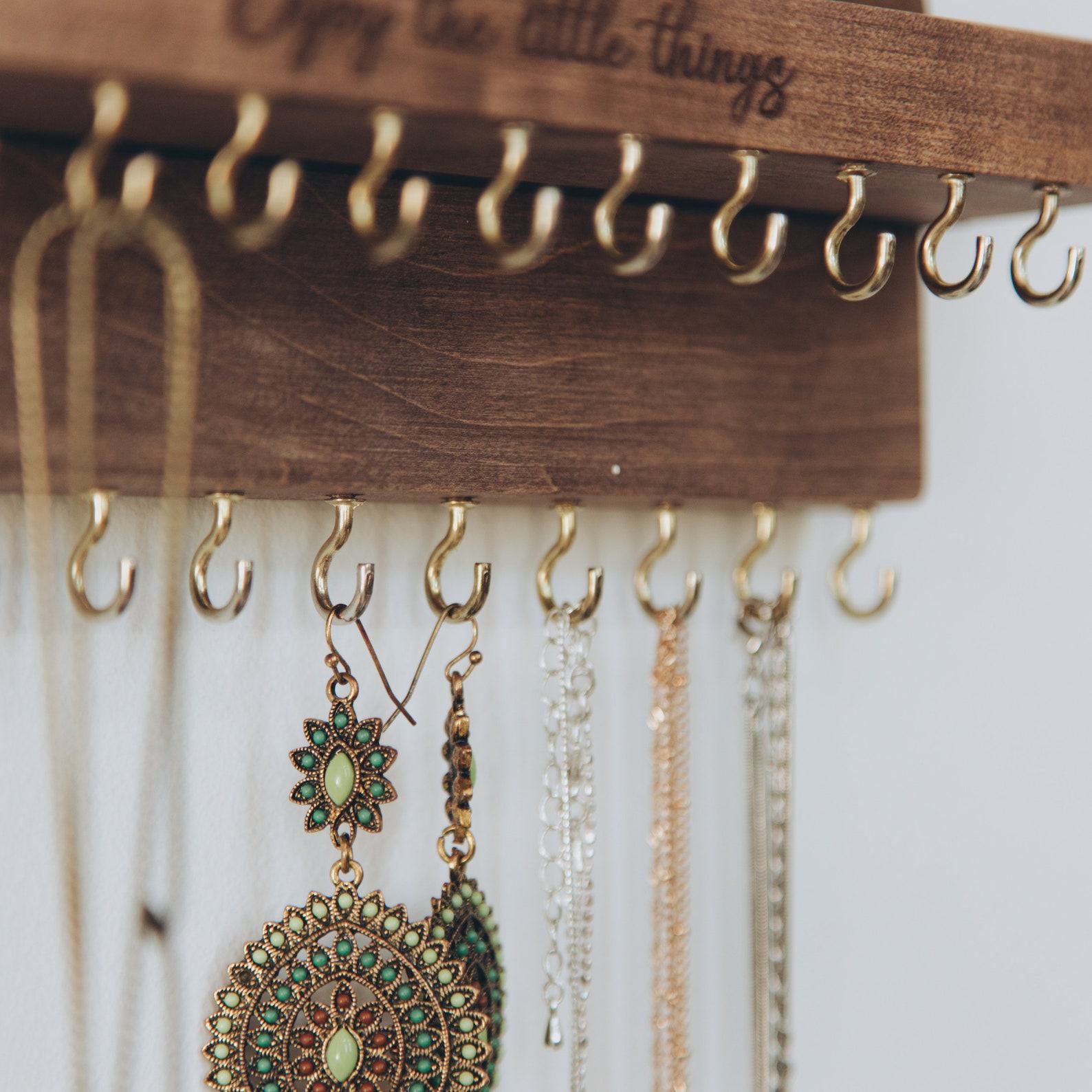 Wall Mounted Jewelry Organizer with Shelf – Necklace Holder, Earring & Bracelet Display – Handmade Present