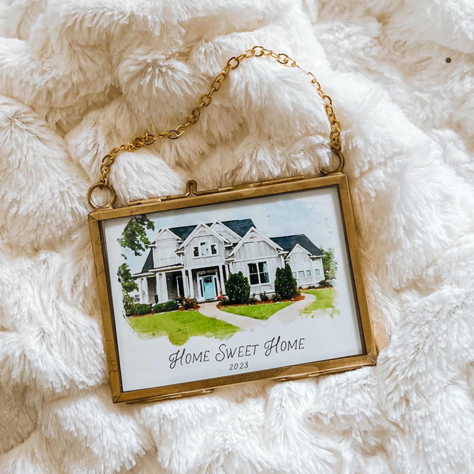 Watercolor House Portrait Ornament Capture Your Home’s Charm in a Tiny Brass Frame