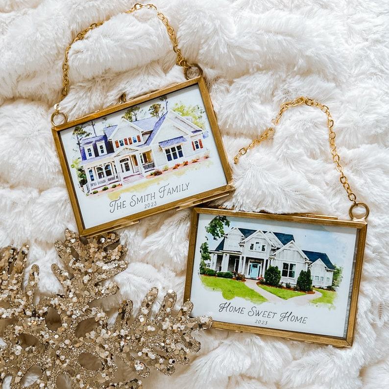 Watercolor House Portrait Ornament Capture Your Home’s Charm in a Tiny Brass Frame