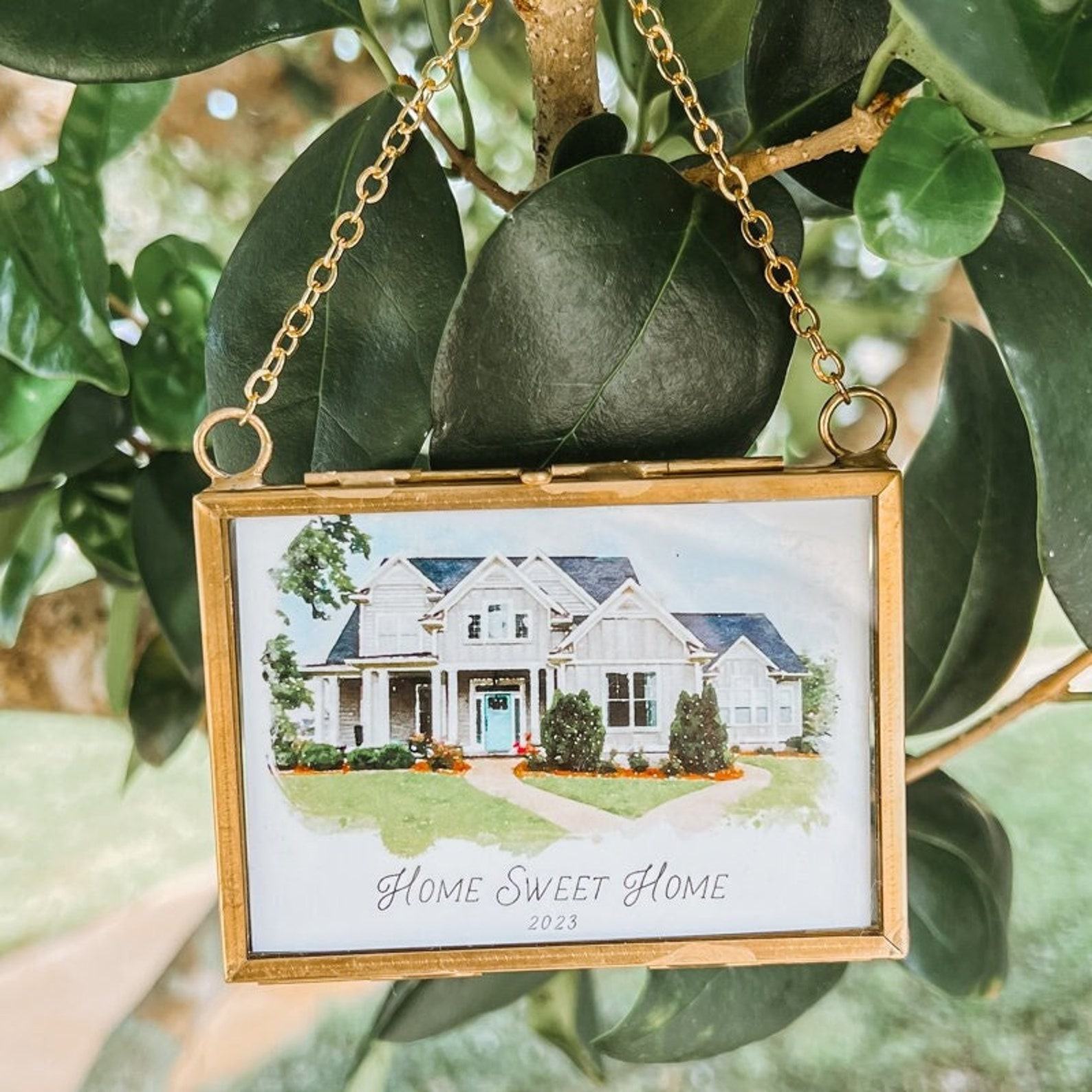 Watercolor House Portrait Ornament Capture Your Home’s Charm in a Tiny Brass Frame