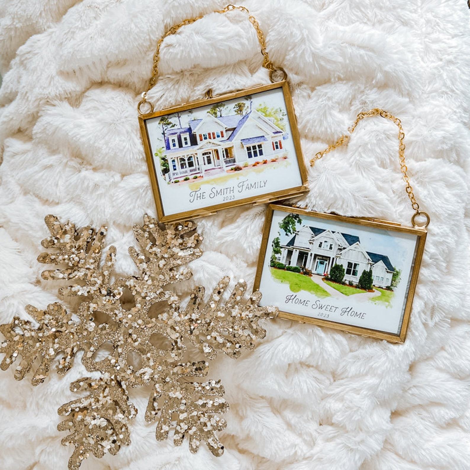 Watercolor House Portrait Ornament Capture Your Home’s Charm in a Tiny Brass Frame