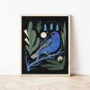 Whimsical Indigo Bunting and Moon Folk Art Nature Print Vibrant Boho Bird Wall Decor