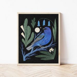 Whimsical Indigo Bunting and Moon Folk Art Nature Print Vibrant Boho Bird Wall Decor