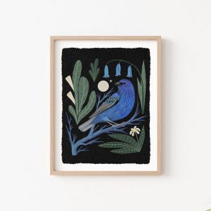 Whimsical Indigo Bunting and Moon Folk Art Nature Print Vibrant Boho Bird Wall Decor