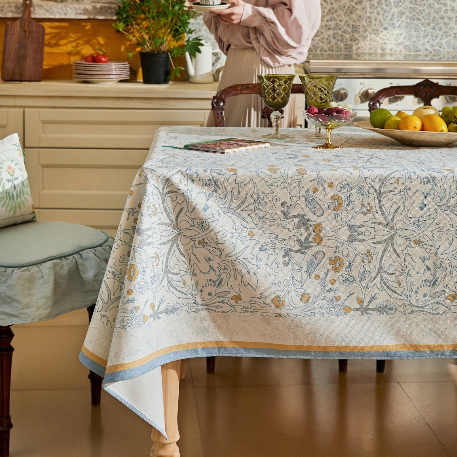 William Morris Blue Hand-Drawn Minimalist Forest Tablecloth Elevate Your Dining Experience with Rustic Charm