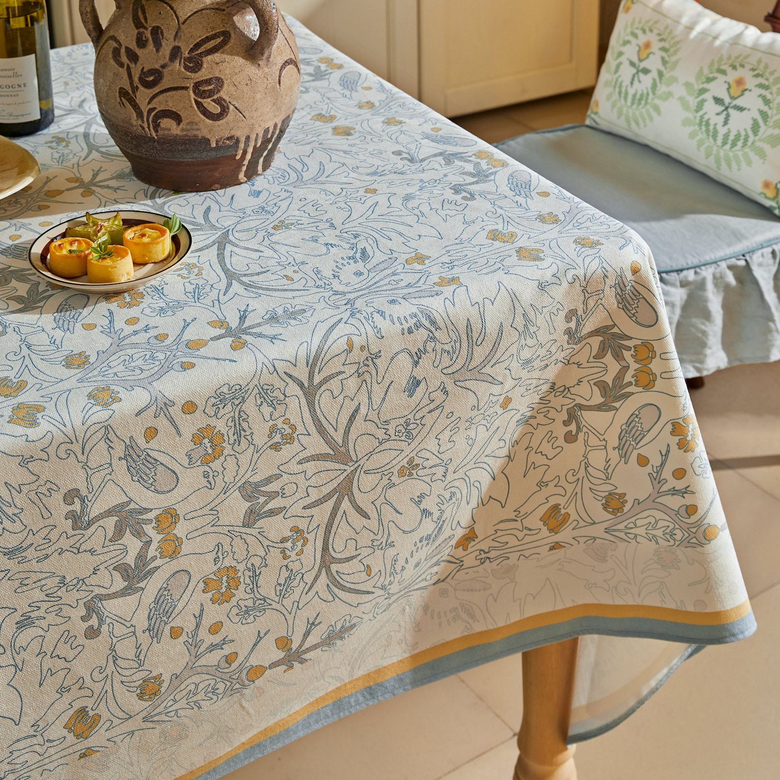 William Morris Blue Hand-Drawn Minimalist Forest Tablecloth Elevate Your Dining Experience with Rustic Charm